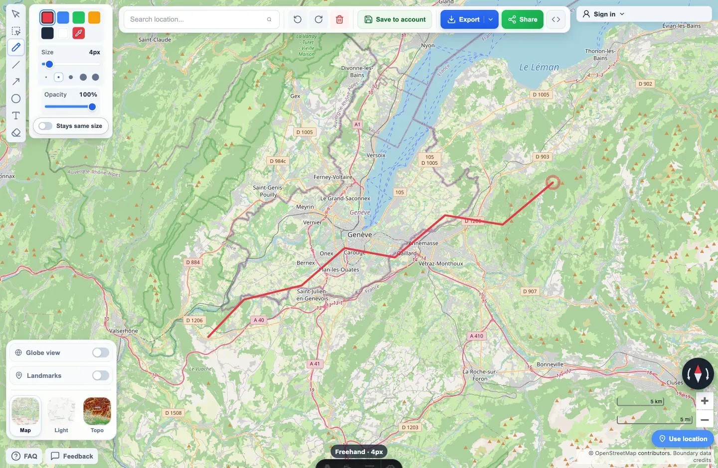 A custom map with lines and markers in the Draw on a Map editor
